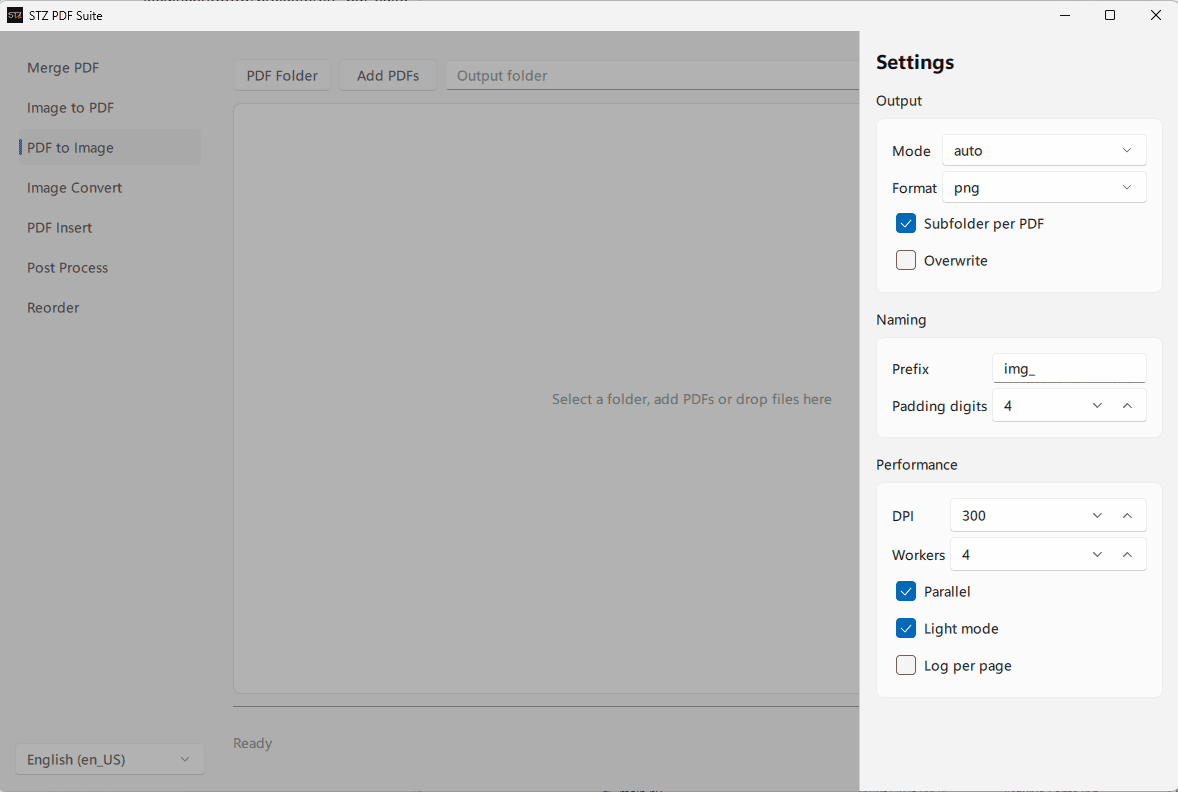 STZ PDF Suite PDF to Image settings drawer