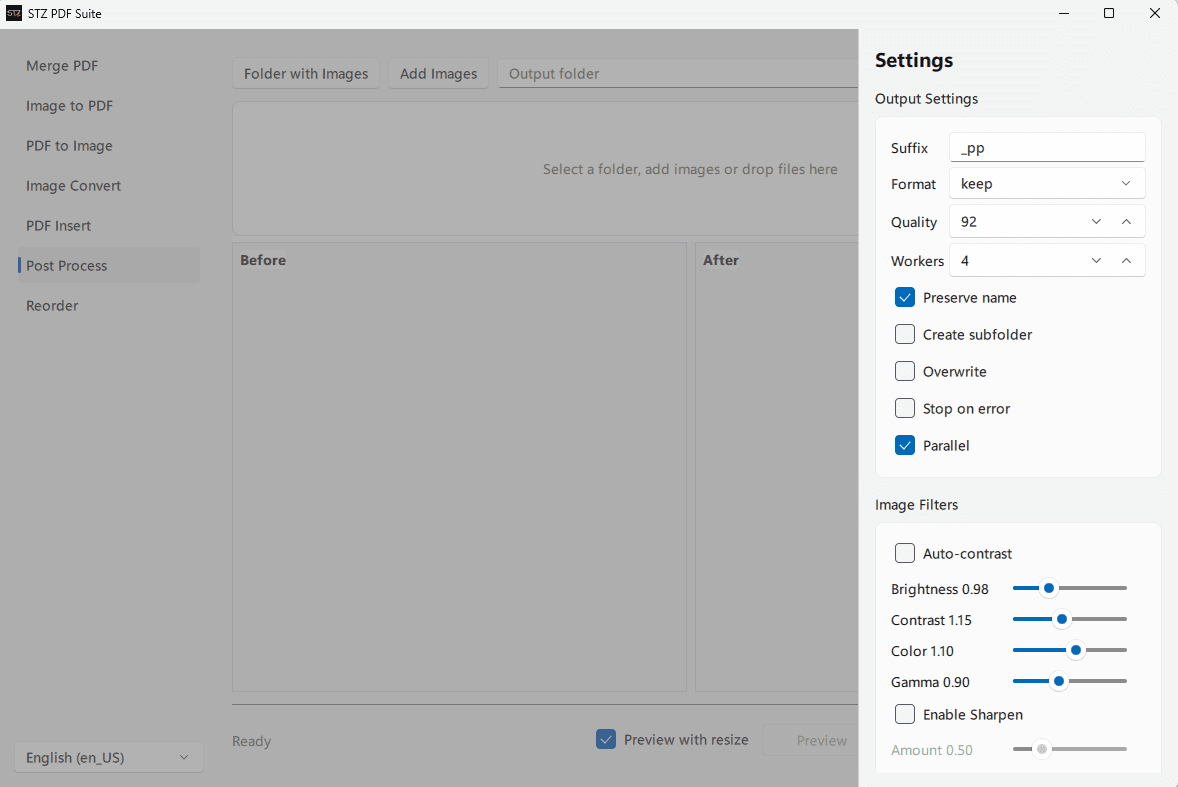 STZ PDF Suite Post Process settings drawer