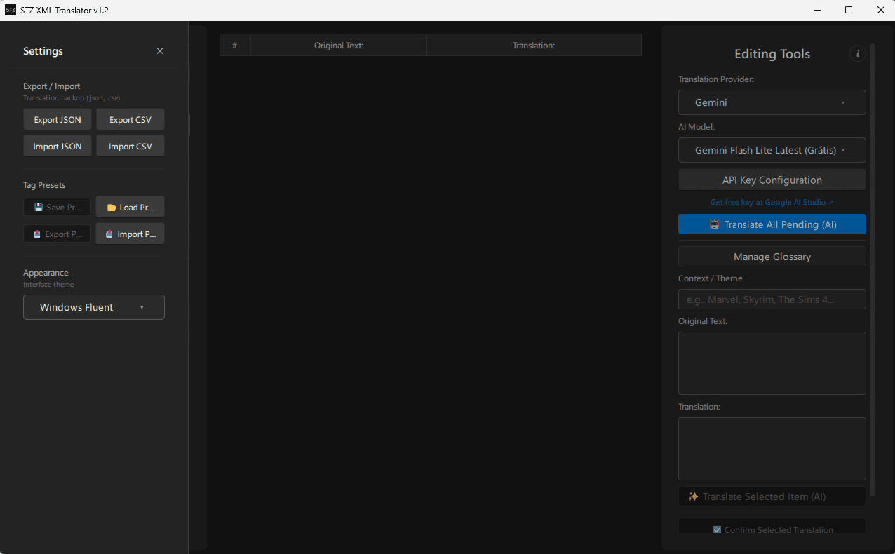 STZ XML Translator settings drawer